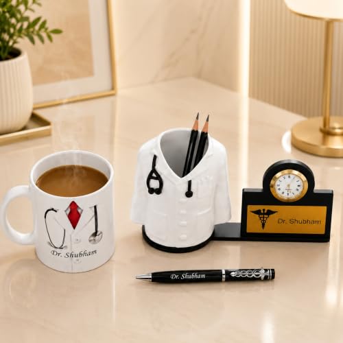 Image of SAVRI Personalized Doctor's Desk Set: Pen, Fiber Pen Stand with Watch & Ceramic Mug - Gift for Family & Friends - Customized with Doctor's Name - Ideal Gift for Doctors & Surgeons