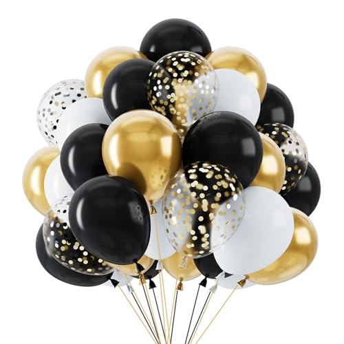 Black and Gold Balloons 68Pcs 12Inch Helium White Gold and Black Balloons Gold Confetti Balloons Birthday Decorations for Women Men Wedding Graduation Retirement Birthday Party Decorations