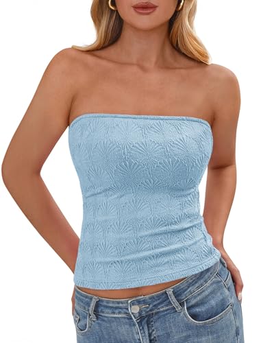 BTFBM Tube Tops for Women Spring Summer 2026 Backless Fitted Floral Embroidery Going Out Bandeau Top Beach Vacation(Light Blue, Medium)
