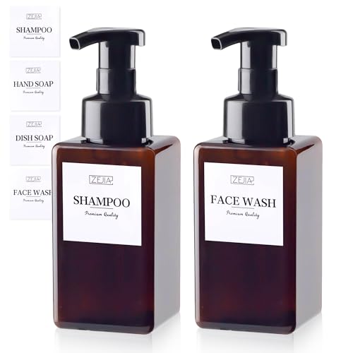 ZEJIA 15OZ Foaming Soap Dispenser, 2-Pack Plastic Hand Soap Dispenser, Refillable Leakproof Foam Pump Bottle with Waterproof Labels, for Shampoo, Body Wash