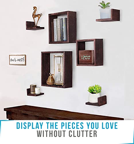 Comfify Rustic Wall Mounted Square Shaped Floating Shelves – Set Of 7 – 3 Square Shelves And 4 L-Shaped Rustic Shelves – Screws And Anchors Included – Rustic Wall Décor - Torched Brown #TOP2