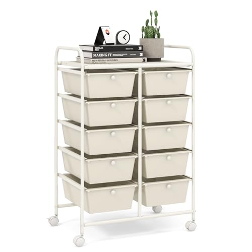 Image of LDAILY 10 Drawer Rolling Cart, Storage Cart Organizer on Wheels, Drawer Cart with Metal Frame & Large Storage Capacity, Rolling Cart with Drawers for Living Room Classroom, Office