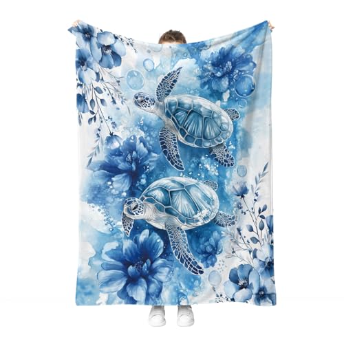 Hohoto Sea Turtle Floral Blanket Blue Flowers Ocean Gifts for Women Kids Girls Birthday Christmas Halloween Mother's Day Mom Wife Sisters Female Friends Presents Colorful Throw 60"x80"