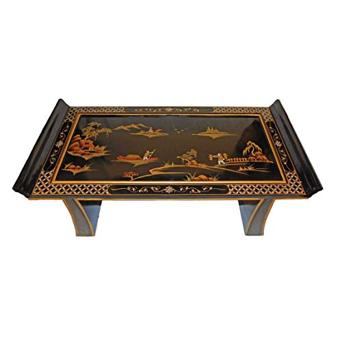 Black Lacquer Oriental Coffee Table With Gold Landscape #TOP1
