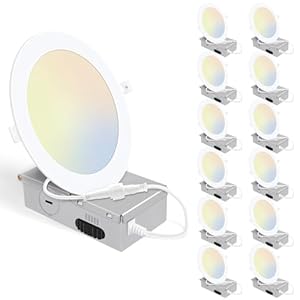 12 Pack 6 Inch 5CCT Ultra-Thin LED Recessed Ceiling Light with Junction Box, 2700K/3000K/4000K/5000K/6500K Selectable, 1050LM Brightness, 12W Eqv 110W, Dimmable Canless Wafer Downlight – ETL & FCC