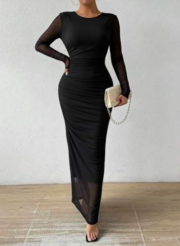 Image of LIGHT DOT Women's Printed Bodycon Maxi Dress Long Sleeve Tie Dye Mesh Ruched Cocktail Dress