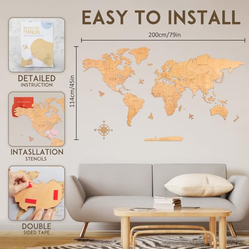 Creawoo Mapa Mundi Duża drewniana ściana Mapamundi z naturalnego drewna dekoracja ścienna do salonu biurowego, sypialni -200x114 CM Mapamundi Art Wall Decor