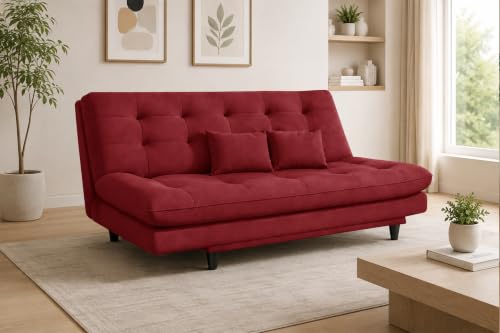 Image of 3-Seater Velvet Sofa Cum Bed | Tufted Convertible Sleeper Sofa | Plush Cushioned Seating | Space-Saving Design for Living Room, Bedroom & Office | Red
