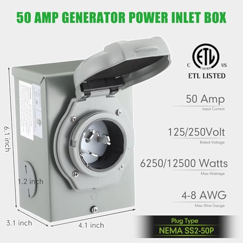 Gisafai 50 Amp 20FT Generator Cord and Pre Drilled Power Inlet Box Compatible with NEMA 14-50P to SS2-50R 125/250V Locking Connector with SS2-50P Generator Inlet Box to House, ETL Listed - Image 4