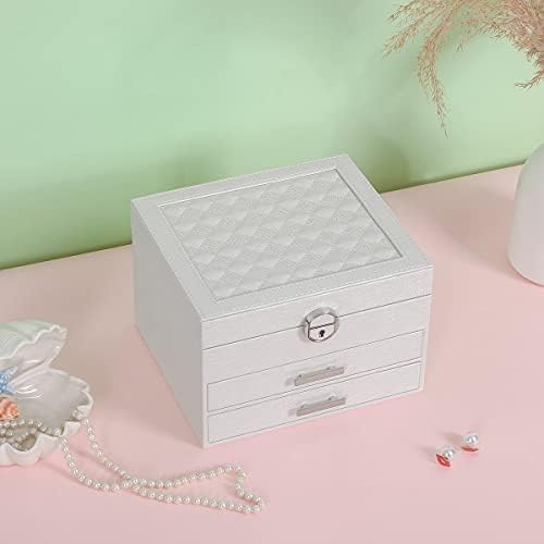 ANWBROAD Jewellery Box for Girls Jewellery Organizer Box with 3 Drawers Mirror and Lock Soft Lining for Girls Earring Necklace Ring and Jewels Women Jewellery Box JJB010W