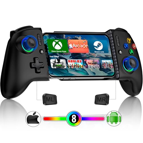 Handy Controller für Android/iPhone, Elegamefy Smartphone Controller mit Programmierbarem, Aufgerüstet Joystick ohne Totzonen, Led Licht