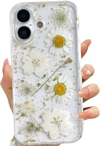 LSEEKA for iPhone 17 Clear Case with Pressed Real Flowers Design,Glitter Cute White Floral Pattern Slim Soft TPU Protective Women Girl's Phone Cover for iPhone 17