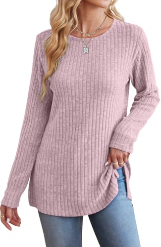 Image of Jescakoo Long Sleeve Shirts for Women Crew Neck Fall Tops Side Split Lightweight Tunic Sweaters Fashion Clothes 2025 S-4XL
