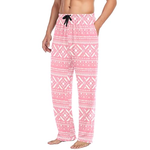 Mens Cotton Pajama Pants Sleep Lounge Pj Bottoms Sleepwear with Pockets Drawstring S Pink Aztec Geometric4