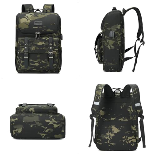Image of YALUNDISI Vintage Backpack Travel Laptop Backpack with usb Charging Port for Women & Men College Backpack Fits 15.6 Inch Laptop Camouflage Green
