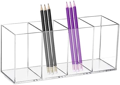 Acrylic Pen Holder Clear Pencil Organizer Makeup Brush Holder Countertop Desk Accessory Storage 4 Compartments