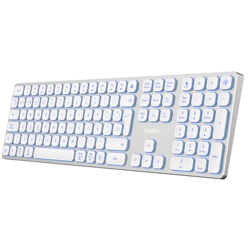 CoolBox Moonlight - Teclado Inalámbrico Recargable para Mac, Windows, Android, Linux. Teclado Silencioso, hasta 4 Dispositivos, Cuerpo de Aluminio, Retroiluminado (7 Colores), Membrana. Blanco