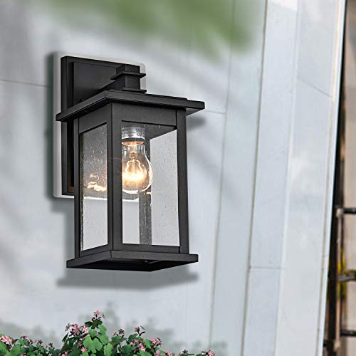 Image of MICSIU 2 Pack Matte Black Outdoor Wall Sconce, 12 Inch Vintage Farmhouse | Square Exterior Light Fixtures with Clear Seedy Glass, Waterproof Outside Wall Mountnt Light for House, Porch, Garage
