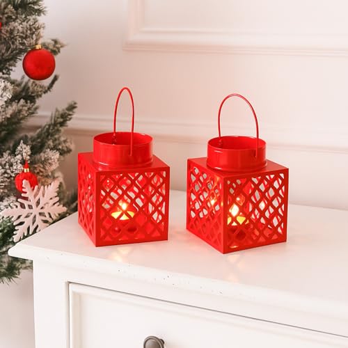 Image of MARKET 99 Set of 2 Red Metal Lanterns | Cube Square Etching Design with Glossy Finish | Decorative T-Light Candle Holders for Home, Xmas & Christmas Decor, Balcony & Festive Lighting