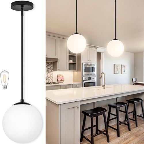 Bagood 10 Inch Globe Pendant Light Contemporary Globe Pendant Lights Black Mid Century Pendant Light Adjustable Hanging Light Fixture Matte Black Finished with Milk Glass Lampshade for Kitchen Island