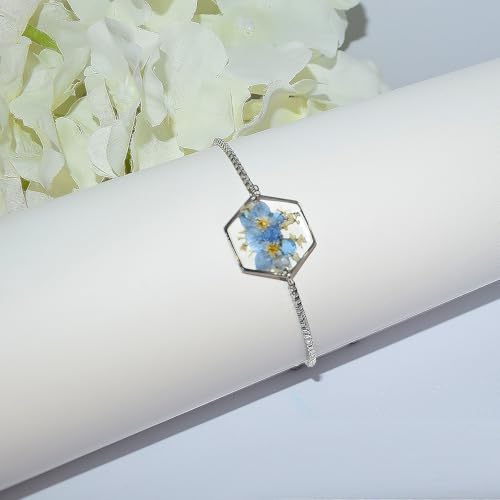 Forget-Me-Not and Queen Anne's Lace Real Pressed Flower Bracelets for Women,Unique Handmade Design,Boho Cute Bracelet,Thoughtful Gift for Christmas,Valentine's,Mother's Day (Adjustable)4