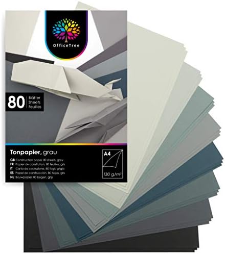 OfficeTree 80 x Grey Paper A4-8 Grey Colours - 130 g/m² - Crafting Set Children Grey Coloured Card A4 for Crafting Designs - Grey Coloured Paper A4 - Grey Card A4