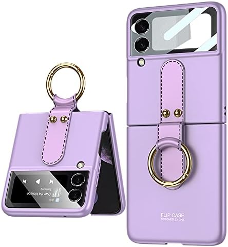DOOTOO for Samsung Galaxy Z Flip 3 Case Ultra Thin Matte PC Protective Cover with Ring，Hybrid 9H Glass All-Inclusive Camera Lens Protector Case for Samsung Galaxy Z Flip 3 5G (Purple)