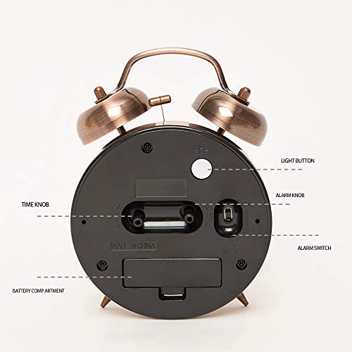 Floittuy {Loud Alarm For Deep Sleepers) 4'' Twin Bell Alarm Clock With Backlight For Bedroom And Home Decoration(Red-Brown) #TOP6