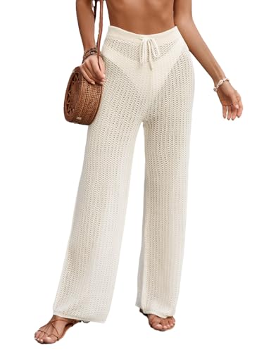BreathSunny Womens Crochet Open Knit Tie Drawstring Swimsuit Coverup Trouser Summer 2025 Trendy Elastic Waist Mesh Swimwear Coverups Beach Swim Bathing Suit Cover Up Long Pant Cream White M