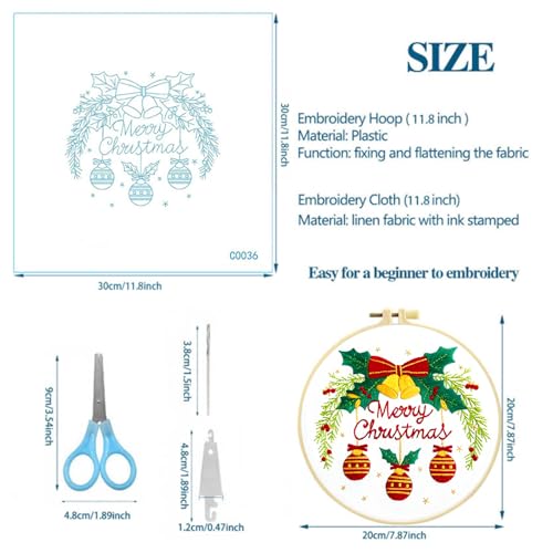 Image of Zhenqing Merry Christmas Embroidery Kit for Beginners, Red Bells and Ornaments Craft Set with 20cm Hoop, Printed Design on 29x29cm Cotton Fabric, DIY Holiday Wall Art (C0036)