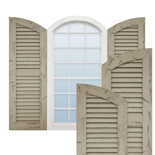 Ekena Millwork 12"W x 64"H (60" Low Side) Timberthane Hand Hewn Two Equal Louver w/Elliptical Top Faux Wood Shutters (Per Pair), Primed Tan