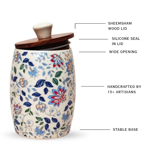 Image of Vistas 'Blue Bloom' Set of 2 Airtight 420ml Ceramic Jar for Kitchen Storage | Handcrafted Ceramic Barni with Wooden Lid | Multipurpose Pickle, Spice & Salt Container
