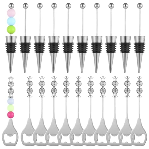 Juego de 10 tapones de vino con cuentas y 10 abridores de cerveza, acero inoxidable reutilizable con asas personalizables