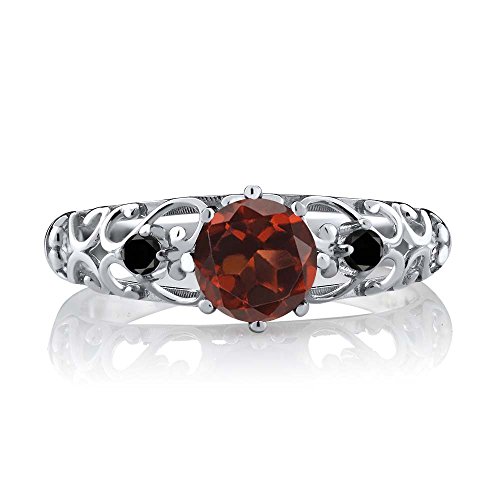 Gem Stone King 925 Sterling Silver Red Garnet and Black Diamond Engagement Ring For Women (1.11 Cttw, Gemstone Birthstone, Available In Size 5, 6, 7, 8, 9)2
