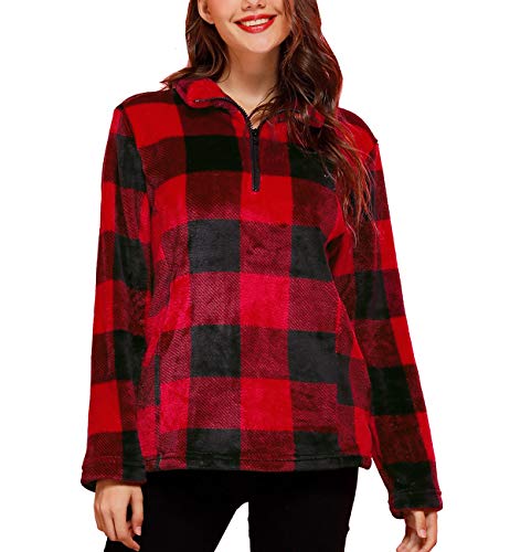 Womens Fuzzy Christmas Half Zip Pullover Long Sleeve Fleece Sherpa Sweatshirt Red Plaid XL