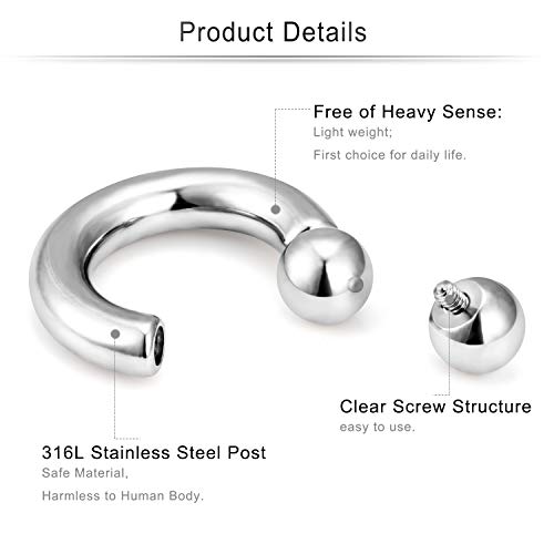 Cisyozi 10G 8G 6G 4G 2G 0G 00G Septum Rings Ear Gauges Earrings Hoops 316L Surgical Steel PA Ring Internally Threaded Horseshoe Spring Action Captive Bead Ring CBR Body Piercing Jewelry for Women Men4