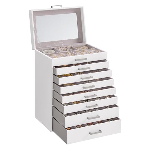 SONGMICS Jewelry Box, 8-Tier Jewelry Organizer, Large Jewelry Case with Big Mirror, 7 Drawers, Large Capacity, Jewelry Storage, Modern Style, Gift for Loved Ones, White UJBC008W02