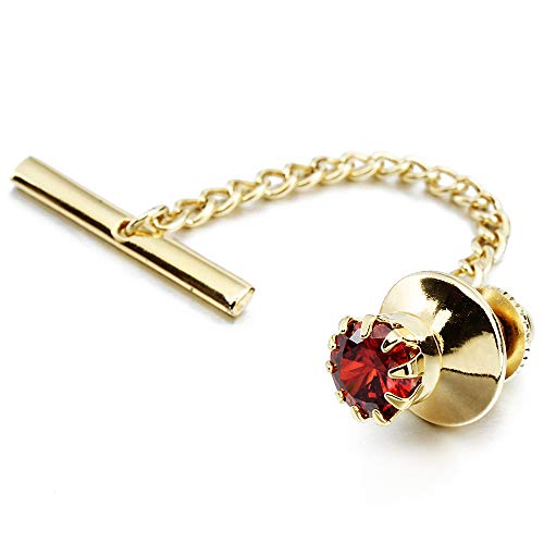 HAWSON Mens Crystal Tie Tack with Chain Gold Tie Clip Party Accessories 3 Color Options (Red)