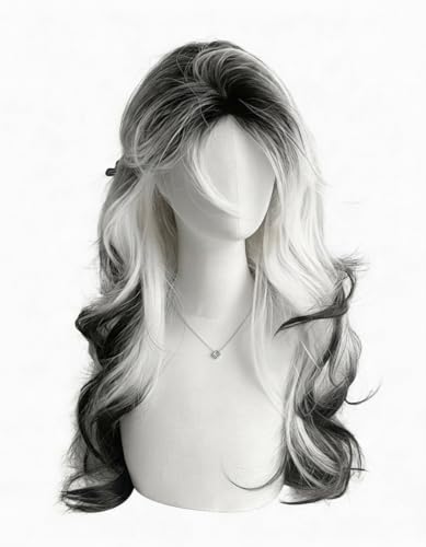 Feyxthyn Natural White Black Ombre Long Wavy Wig with Bangs & Middle Part Heat Resistant Synthetic goth Lolita Cosplay Wig for Women Ideal for Daily Wear Festivals & Parties