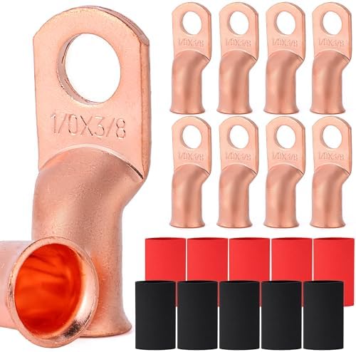10pcs 1/0 AWG-3/8" Battery Lugs,Battery Cable Ends,Heavy Duty Copper Wire Lugs,Tubular Ring Terminals,AWG Crimp Wire Ring Lugs,Battery Terminal Connectors with 3:1 Heat Shrink Tubing