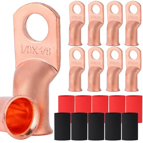 TKDMR 10pcs 1/0 AWG-3/8 Battery Lugs,Heavy Duty Wire Lugs,Ring Terminals,Battery Cable Ends,0 Guage...