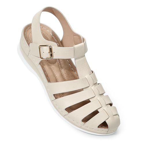 Goldnut Closed Toe Sandals Women, Comfortable Fisherman Sandal for Womens Wide Width Summer Dressy Wedge with Adjustable Strap Beige Size 10 by Goldnut - Used condition - US$28.95