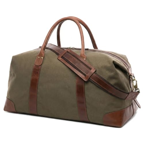 SID & VAIN große XL Reisetasche Canvas & Leder - Sporttasche groß Lennox - Weekender Handgepäck mit Schultergurt - Ledertasche Herren und Damen grün handgefertigt