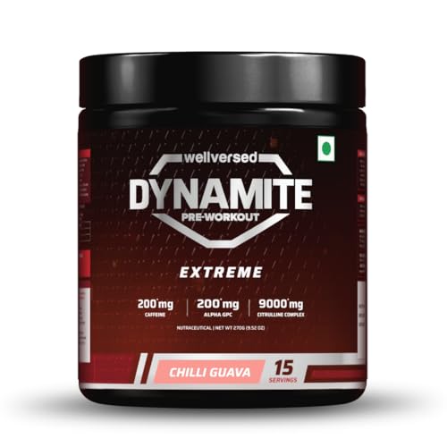 Dynamite Extreme Pre Workout For Men (15 Serving, Chilli Guava) | High-Stim Pre-Workout | 9000mg Citrulline Complex | 200mg Alpha GPC | 200mg Caffeine | Not For Beginners - 270g