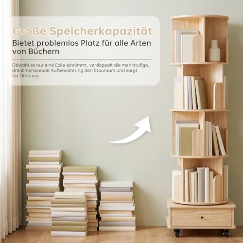 Nordivale Drehbares Bücherregal 360° Frei, Bücherregal Drehbar Farbe Naturholz, Bücherregal Kinder mit rollbar & extra Unterschublade… – Ansicht 2