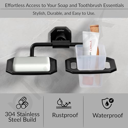 Image of Plantex 304 Grade Stainless Steel 2in1 Soap Dish with Tumbler Holder /Soap Stand /ABS Materail Tooth Brush Holder /Bathroom Accessories - Nipron (Black)