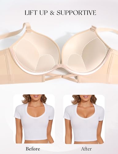 Upushall Push Up Padded Bras for Women Add 2 Cups Plunge T Shirt Everyday Bra Seamless Underwire Support,38B Nude — view 2