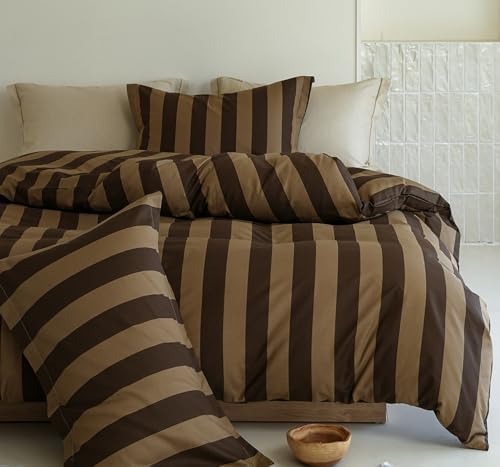 Striped Duvet Cover King, 100% Natural Cotton Vintage Brown & Bei...