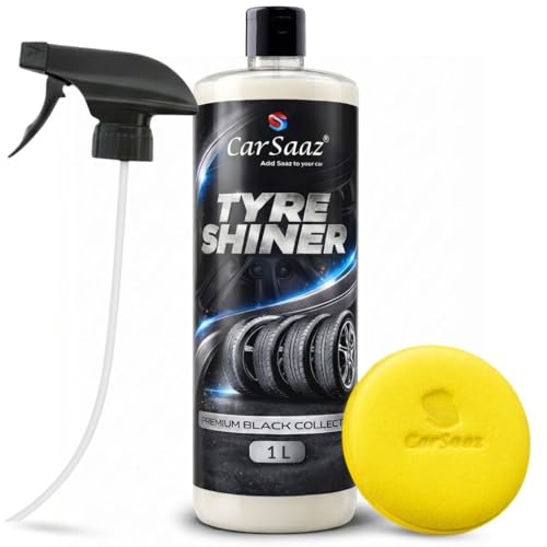 Image of CAR SAAZ Tyre Shiner 1L with Applicator Pad & Spray Nozzle for Car & Bike | Instant Shine, Long-Lasting Protection, Prevents Fading & Cracking, Increases Tyre Life