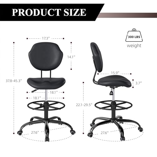 Image of Drafting Chair with Back Support, Tall /High Desk Rolling Stool with Footrest Ring, Faux Leather Office Chair with Height Adjustable for Standing Desk, Home Office, Bar, Workbench & Kitchen(Black)